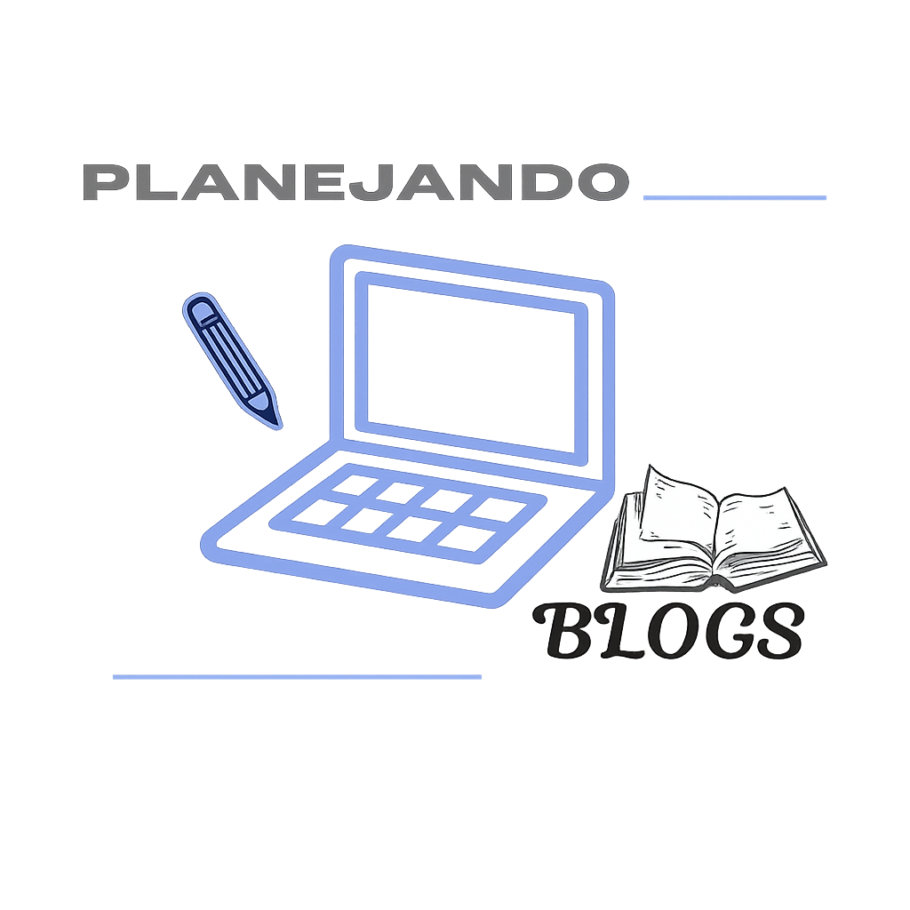 Logo - notebook e escrito Planejando Blogs sem fundo